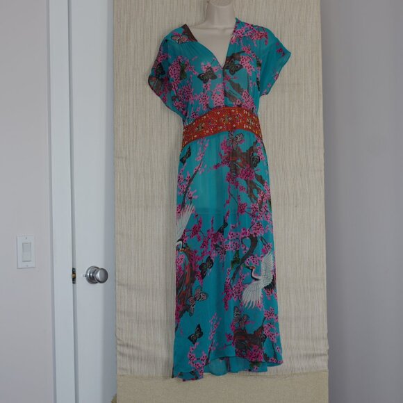 MEGHAN FABULOUS Aqua Blue Print Beaded MAXI Resort DRESS Size L - Picture 1 of 7
